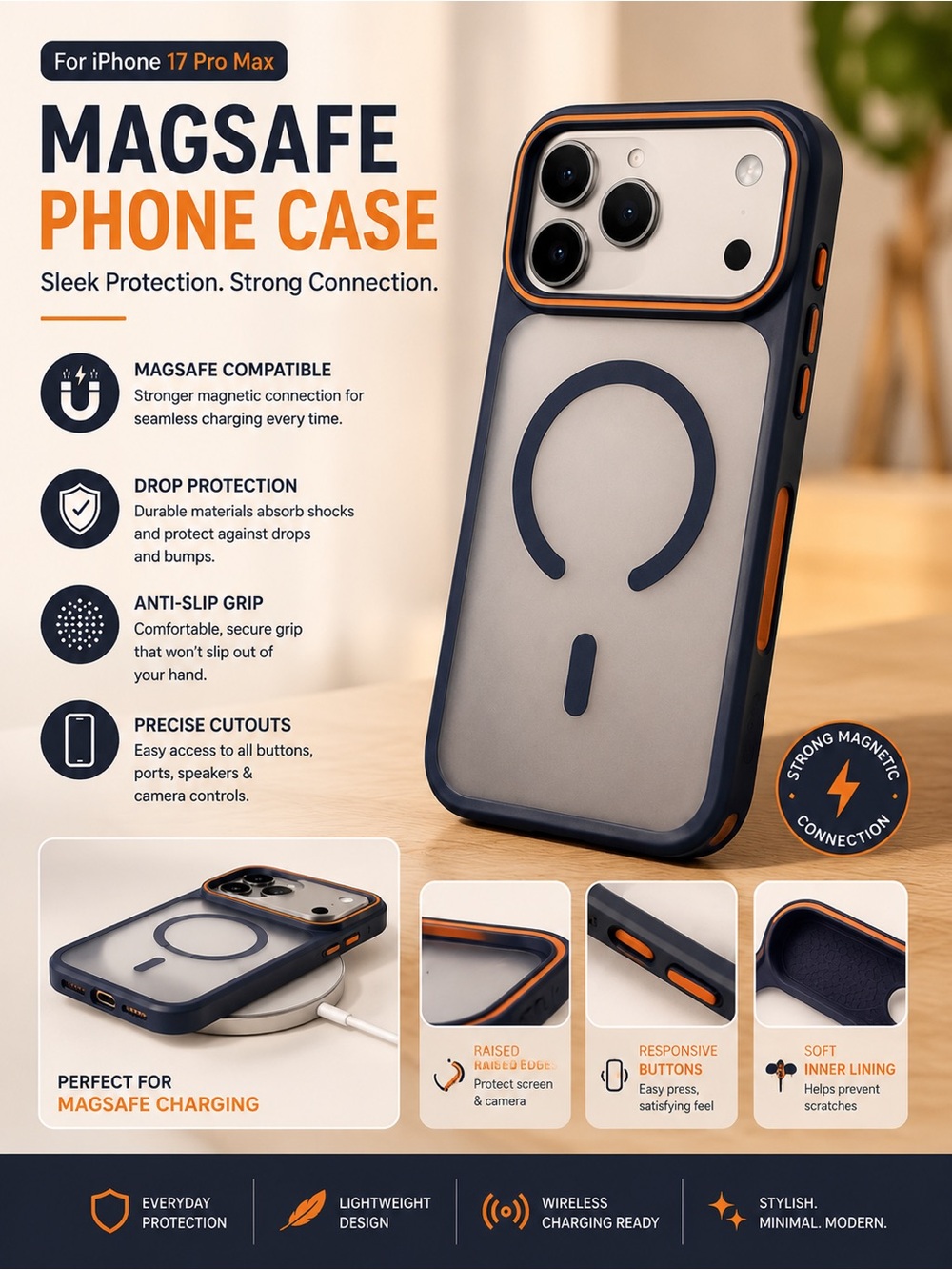 17 Pro Max MagSafe Compatible Navy Blue Phone Case with orange Camera trim